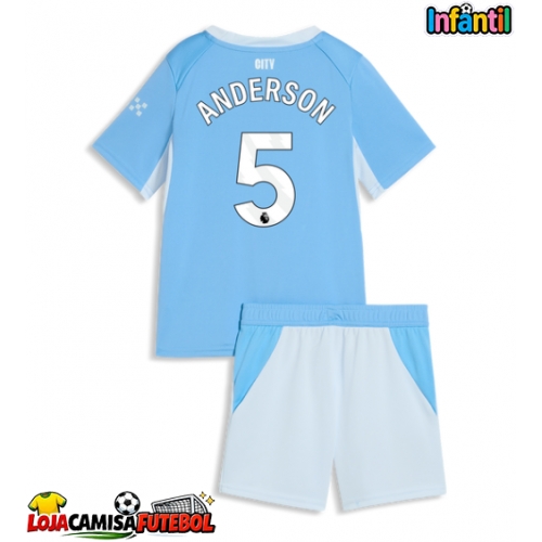 Camisa de Futebol Manchester City Elliot Anderson #5 Equipamento Principal Infantil 2026-27 Manga Curta (+ Calças curtas)